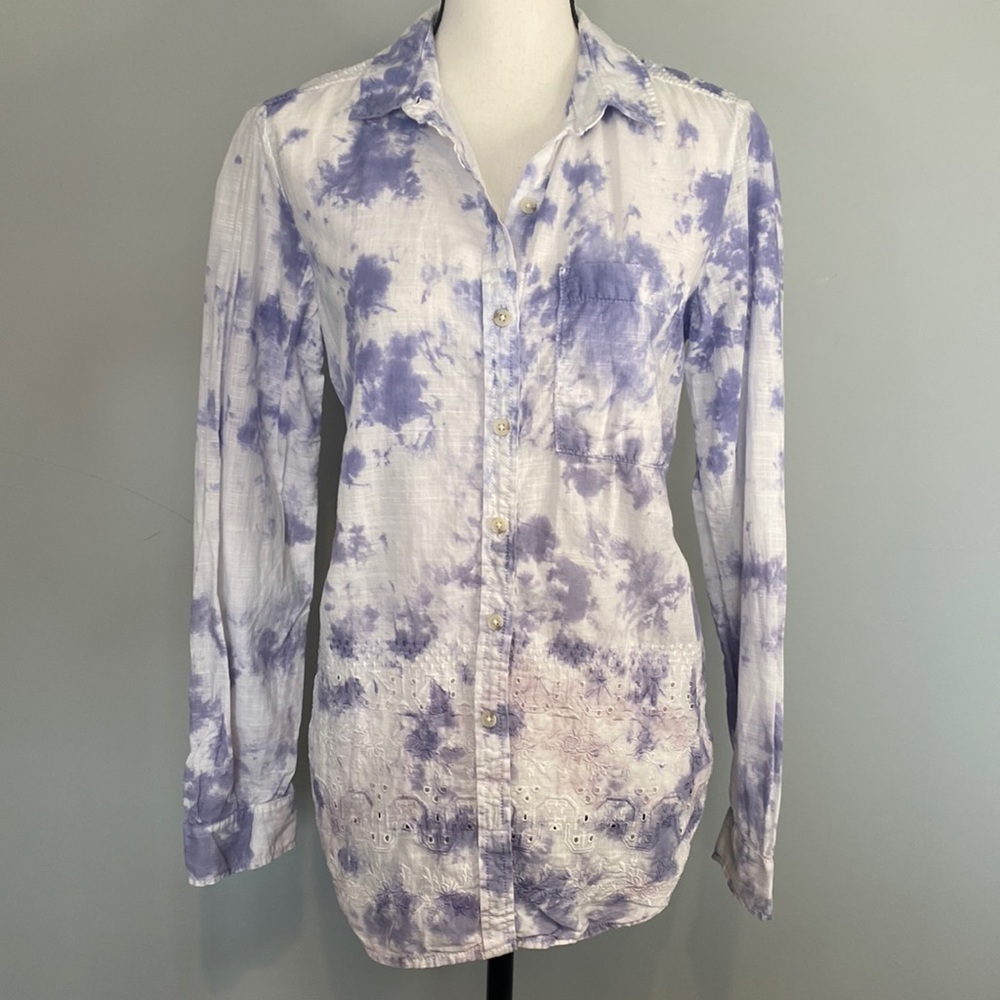 Anthropologie Pilcro Acid Purple Tie Die Floral Design Button Up Long Sleeve
